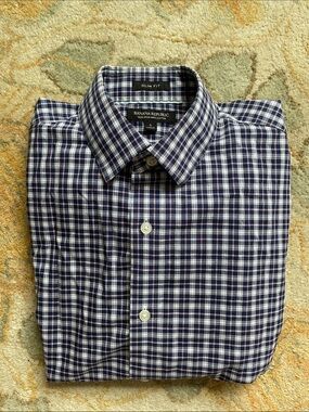 Banana Republic Men's Navy and White Plaid Button-Down Shirt